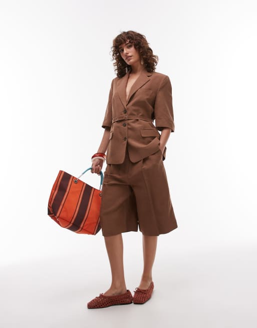 Mango linen look belted tailored short sleeve blazer co-ord in brown, 2 of 4