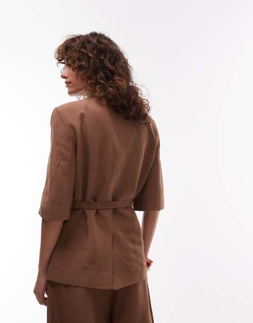 Mango linen look belted tailored short sleeve blazer co-ord in brown, 3 of 4