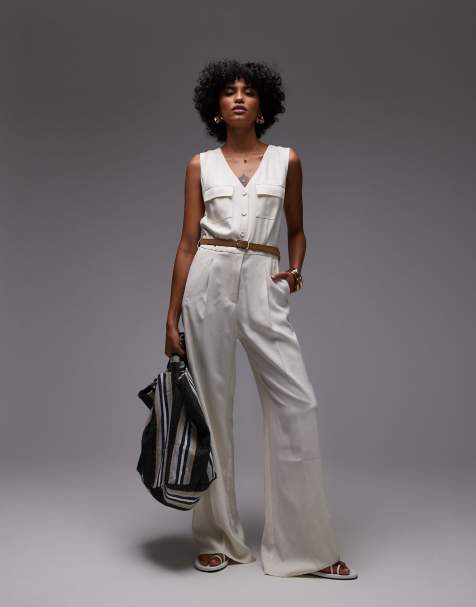 Mango linen look belted vest jumpsuit in white - view 1