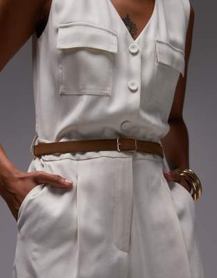 Mango Linen Look Belted Vest Jumpsuit In Neutral