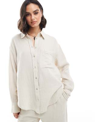 Mango Mango linen look co-ord shirt in light beige-Neutral