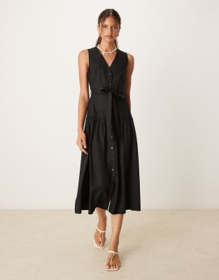 Mango Linen Look Tie Waist Button Up Midi Dress