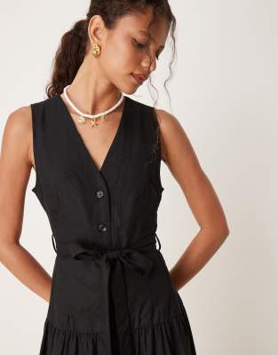 Mango Linen Look Tie Waist Button Up Midi Dress