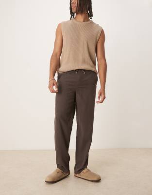 Mango Mango linen look tie waist trouser in chocolate-Brown
