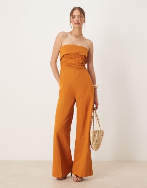 Mango linen mix bandeau jumpsuit in burnt orange - view 1