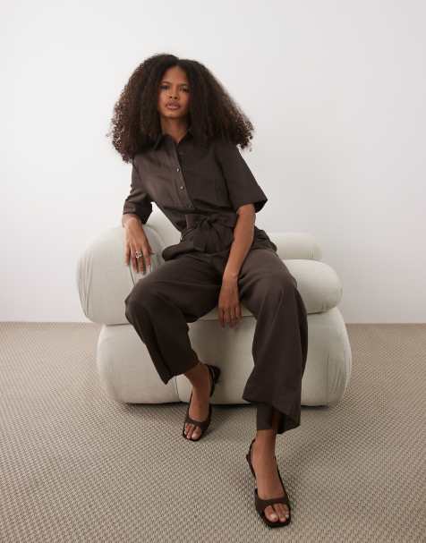 Mango linen mix belted short sleeve jumpsuit in brown - view 1