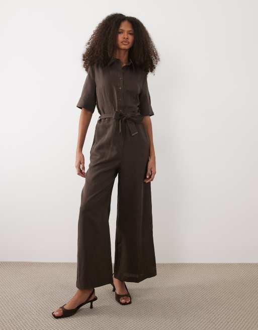 Mango linen mix belted short sleeve jumpsuit in brown, 2 of 4