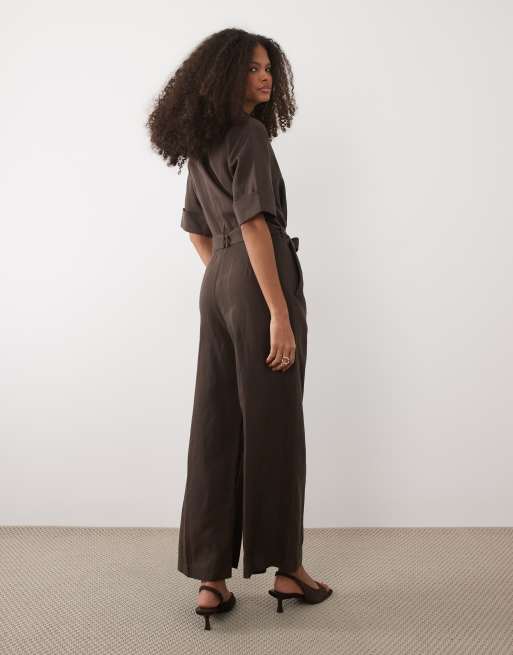Mango linen mix belted short sleeve jumpsuit in brown, 4 of 4