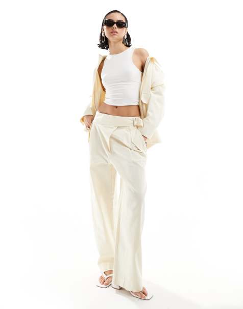 Mango linen mix buckle detail co-ord trousers in white - view 1