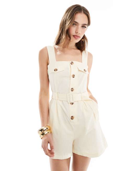 Mango linen mix button up romper in beige