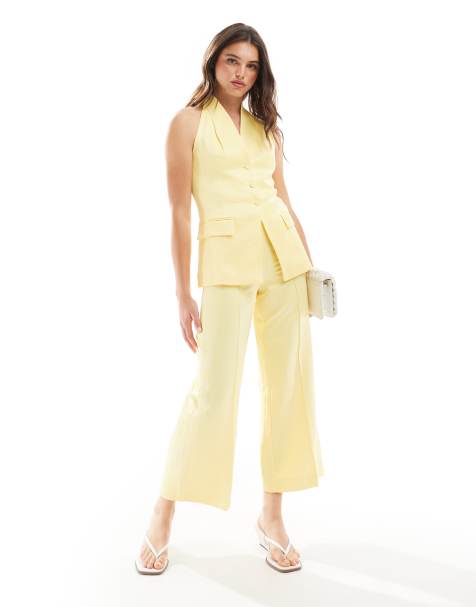 Mango linen mix co-ord tailored trousers in yellow - view 1