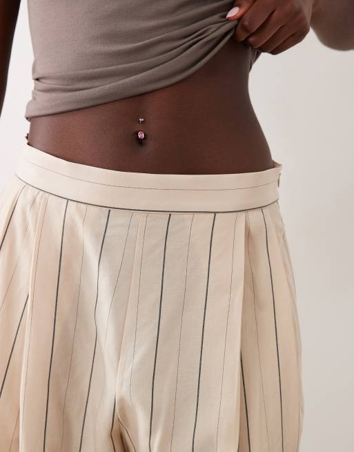 Mango linen mix cuffed trouser in beige stripe, 3 of 5