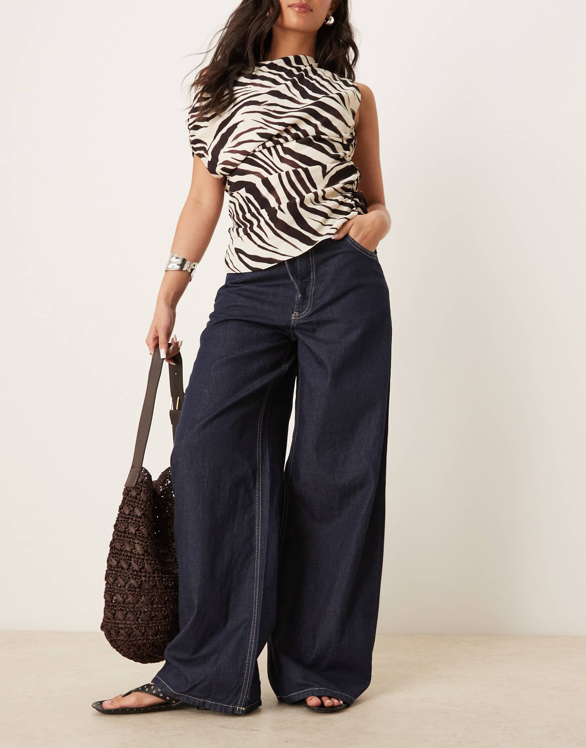 mango linen mix denim look elastic waist wide leg pants in dark blue