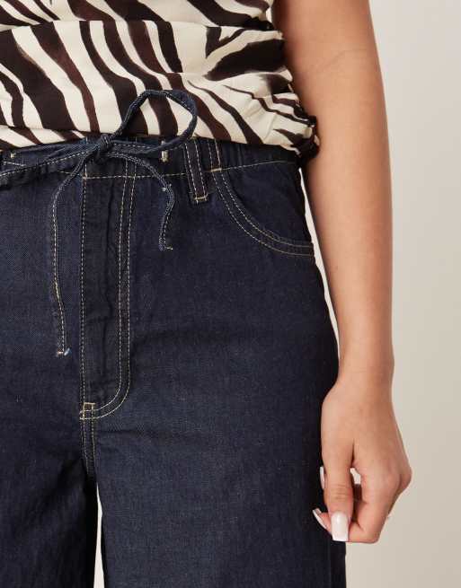 Mango linen mix denim look elastic waist wide leg pants in dark blue