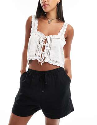 linen mix drawstring relaxed shorts in black