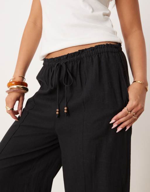 Mango linen mix drawstring straight trouser in black, 2 of 5