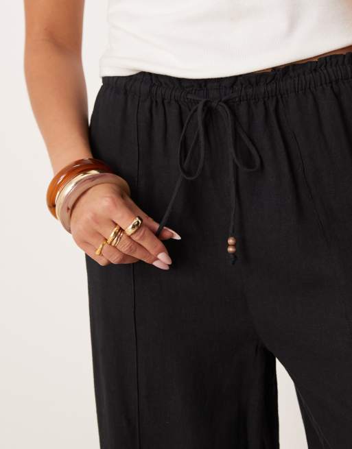Mango linen mix drawstring straight trouser in black, 3 of 5