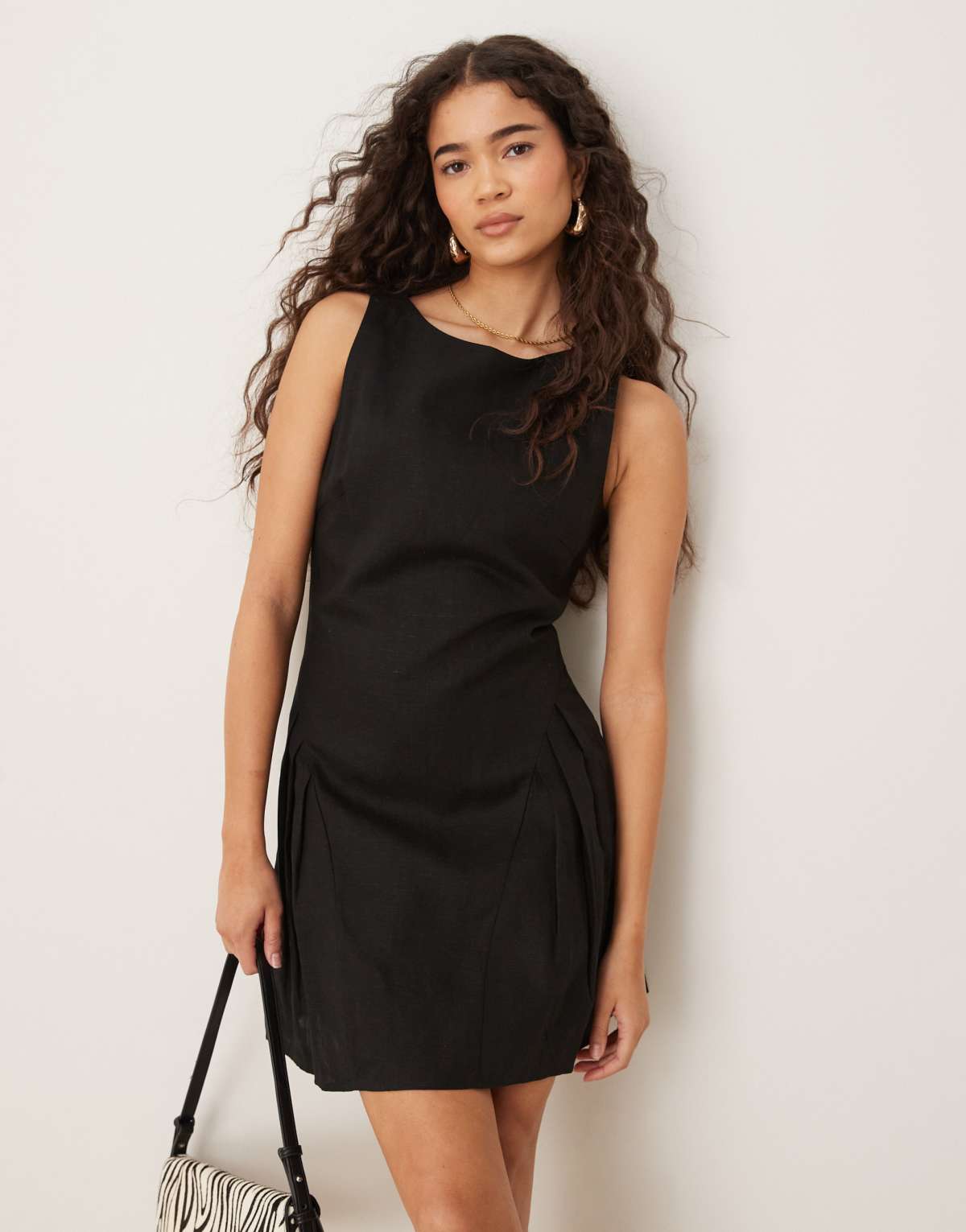 Mango linen mix drop waist mini dress in black