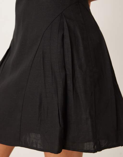 Mango linen mix dropped waist mini dress in black | ASOS