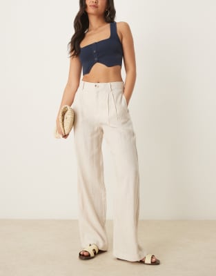linen mix elastic waist pleated front straight leg pants in beige-Neutral