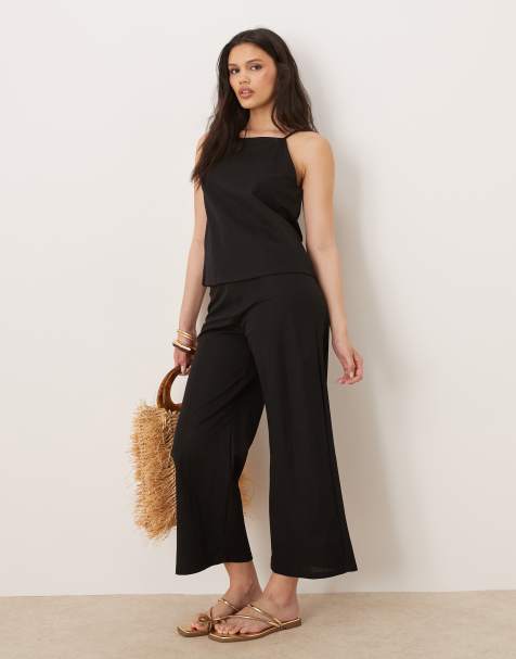 Mango linen mix elasticated waist wide leg trouser co-ord in black - view 1