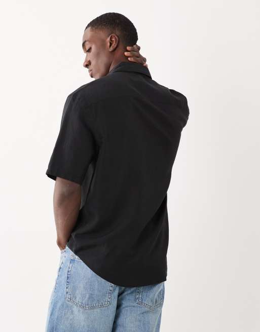 Mango linen mix high neck short sleeve shirt in black, 4 of 5