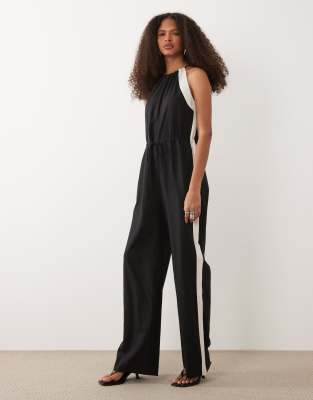 Mango Linen Mix Jumpsuit With Side Stripe In Black