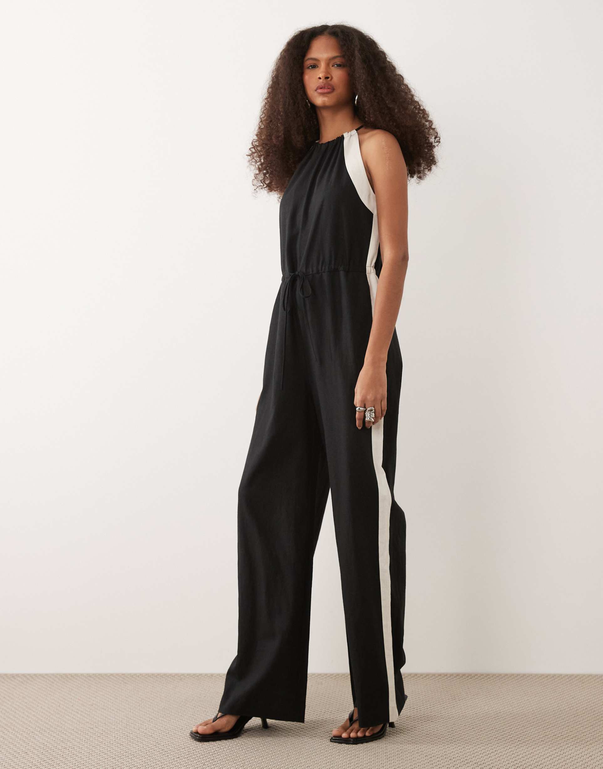 mango linen mix jumpsuit with side stripe in black