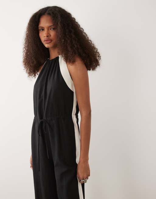 Mango linen mix jumpsuit with side stripe in black, 3 of 4