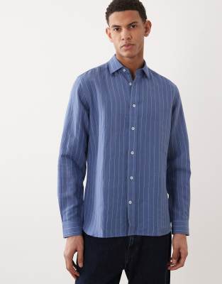 Mango Linen Mix Long Sleeve Striped Shirt In Blue