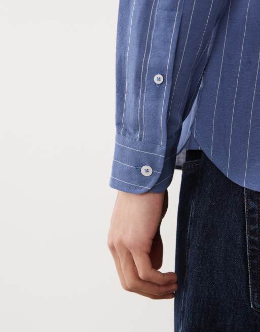 Mango linen mix long sleeve striped shirt in blue, 3 of 5