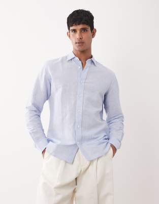 Mango Linen Mix Long Sleeve Striped Shirt In Blue
