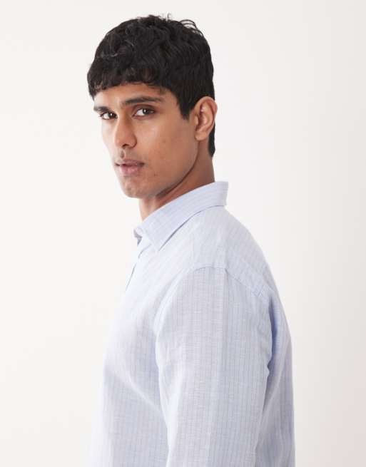 Mango linen mix long sleeve striped shirt in light blue, 4 of 5