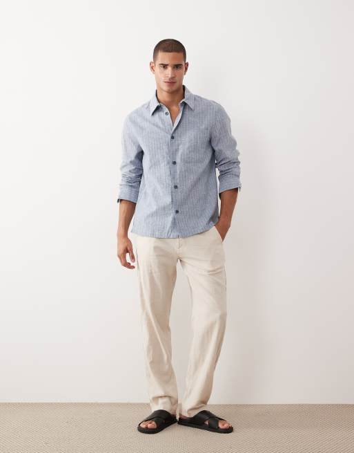 Mango linen mix long sleeve stripes shirt in navy, 2 of 5