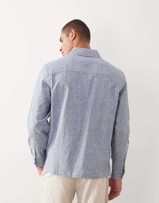 Mango linen mix long sleeve stripes shirt in navy, 4 of 5