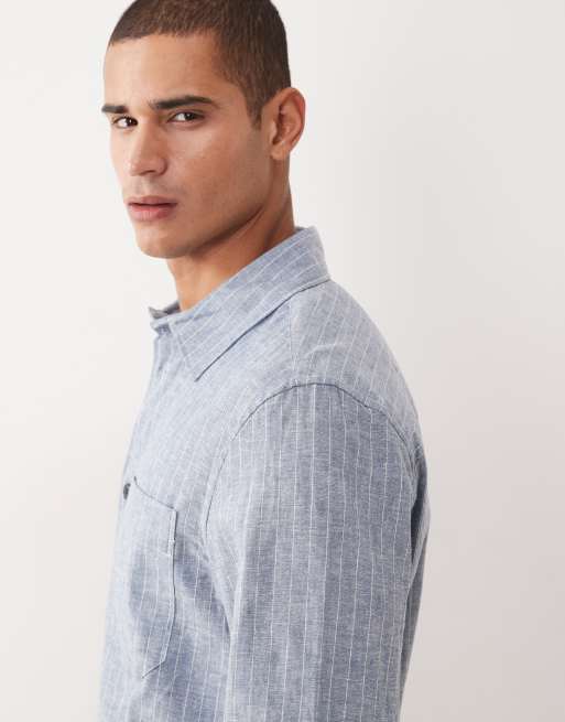 Mango linen mix long sleeve stripes shirt in navy, 5 of 5