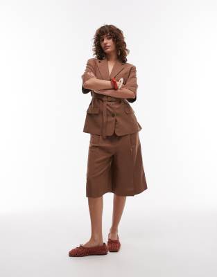 Mango Mango linen mix longline bermuda short co-ord in brown