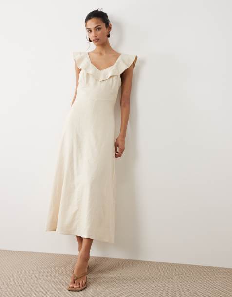 Mango linen mix midi dress with ruffle detail in cream - view 1