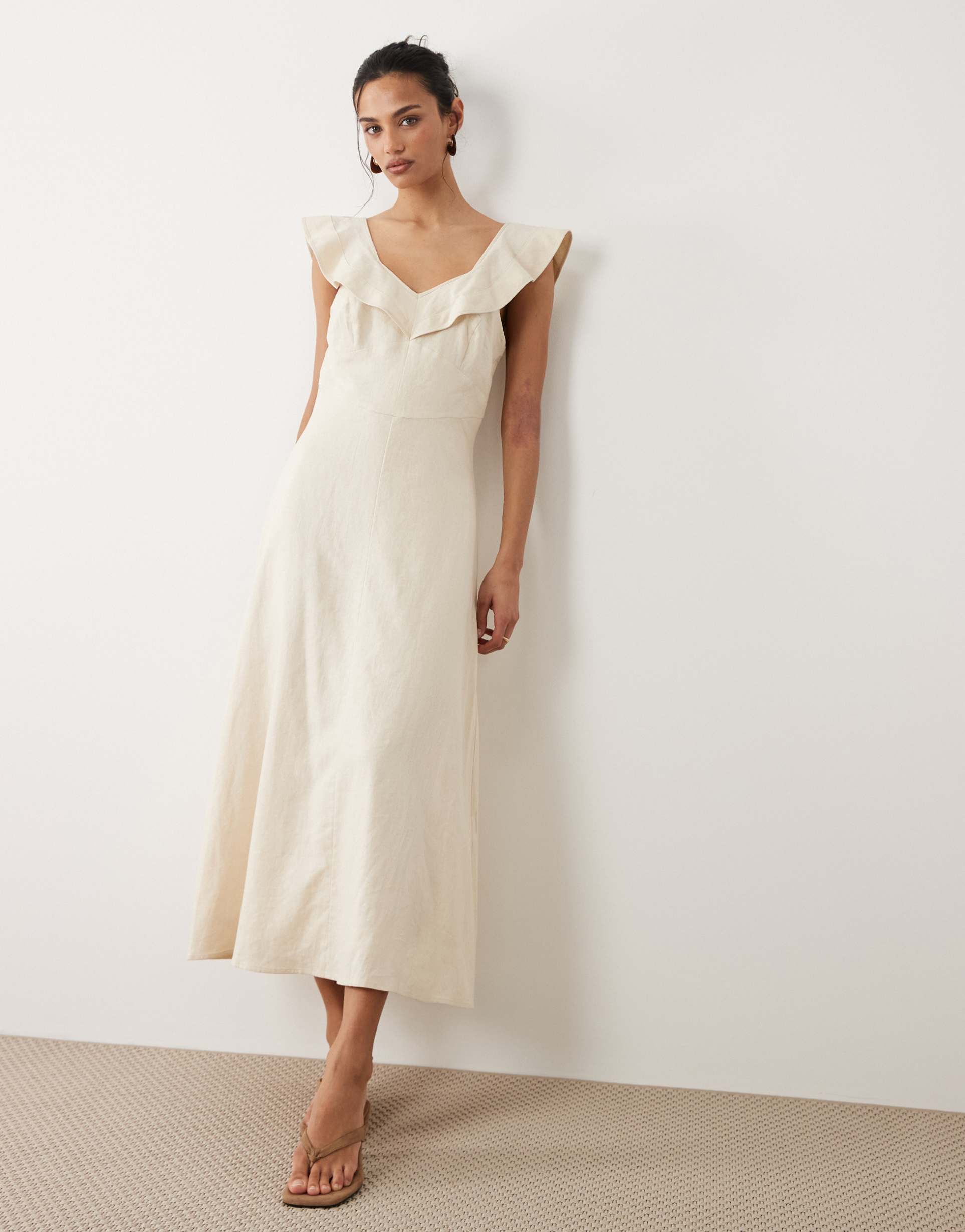 mango linen mix midi dress with ruffle detail in cream