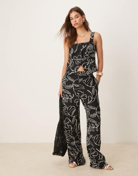 Mango co-ord linen mix mono sketch print trouser in black