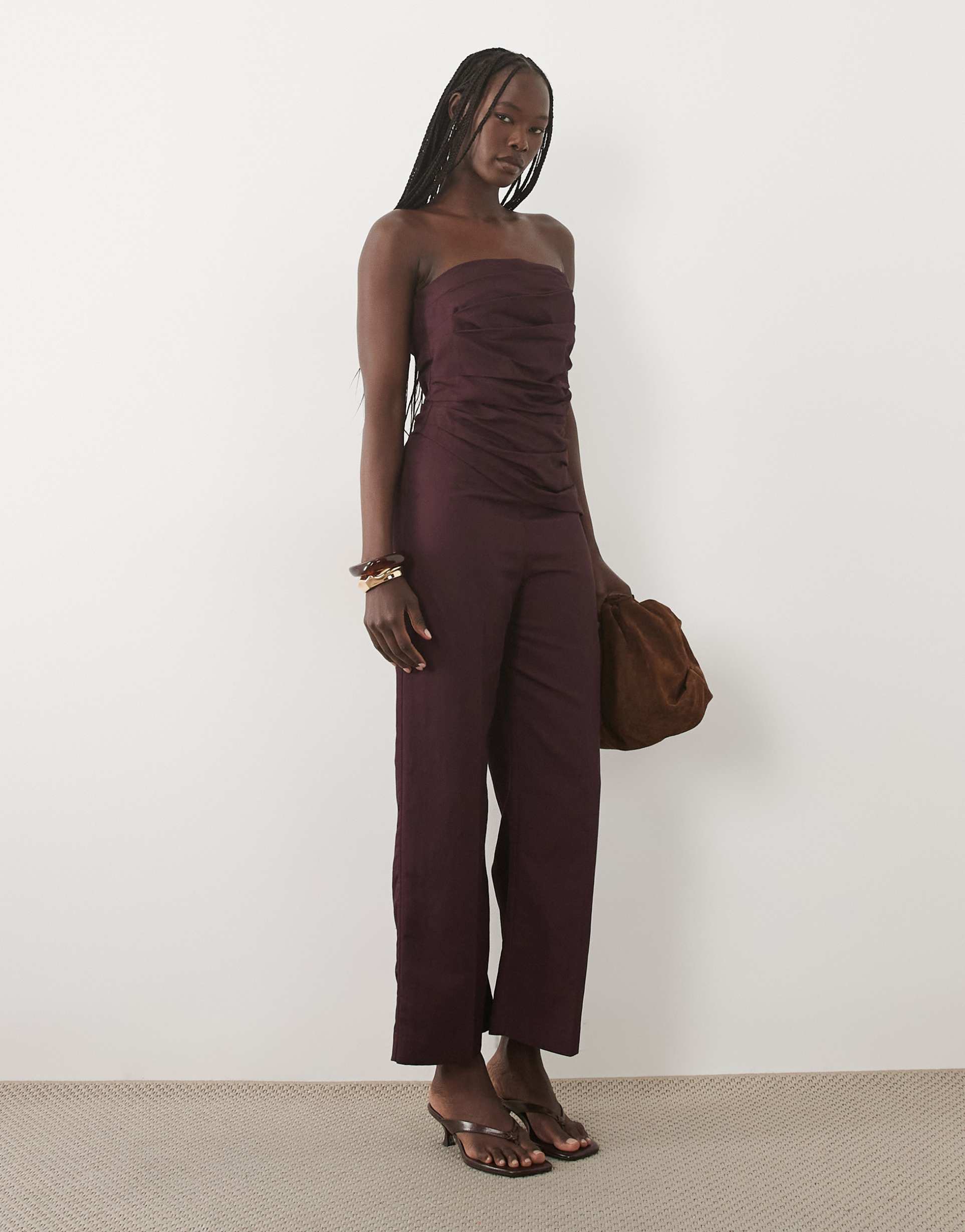 mango linen mix off shoudler structured jumpsuit in deep red