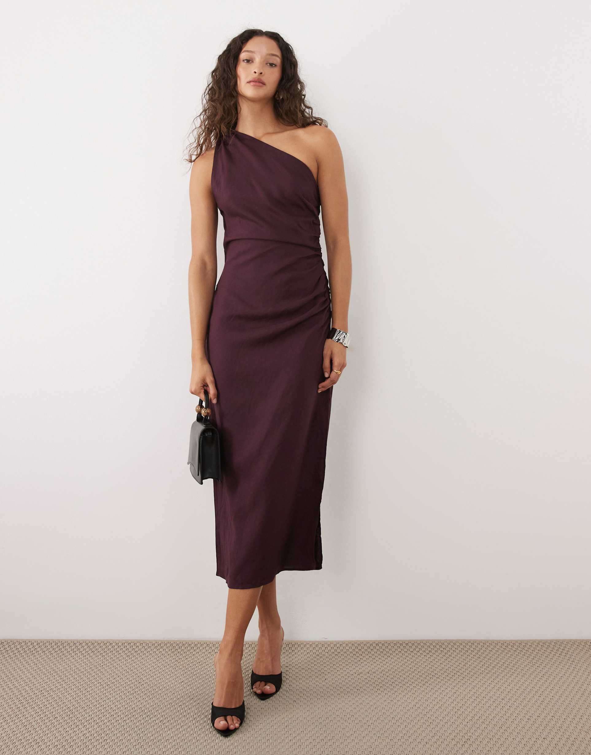 mango linen mix one shoulder draped midi dress in plum