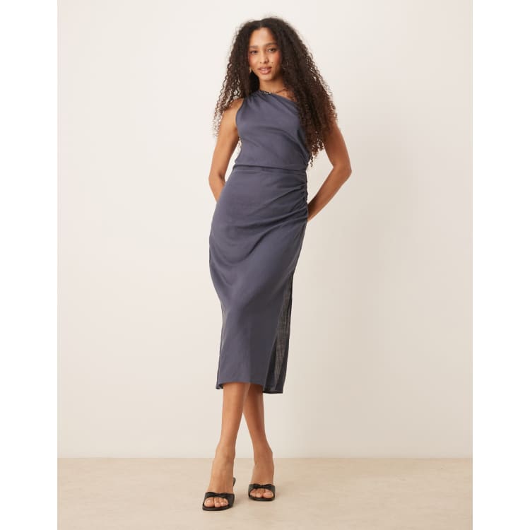 dusty blue linen dress Dusty blue floaty cotton dress with lace detail main image 0