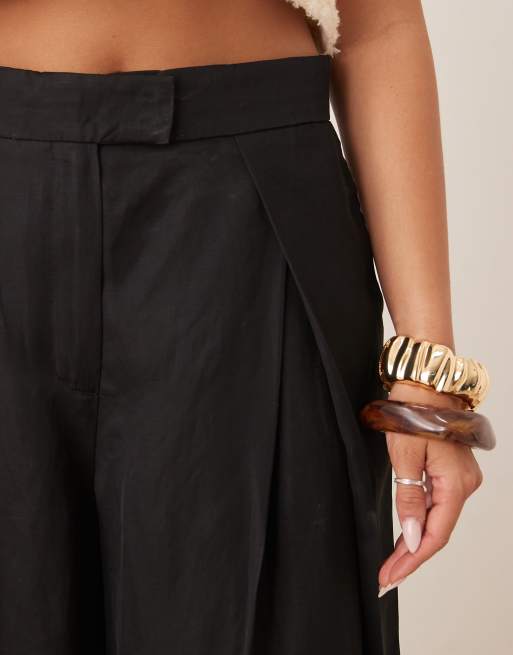 Mango linen mix open pleat front tailored trouser with wasitband detail in black, 4 of 5