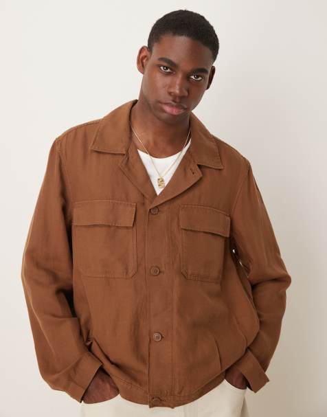 Mango linen mix overshirt in brown - view 1