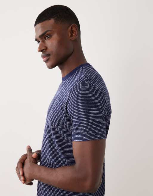 Mango linen mix regular fit striped T-shirt in navy, 4 of 5