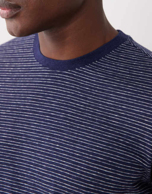 Mango linen mix regular fit striped T-shirt in navy, 5 of 5