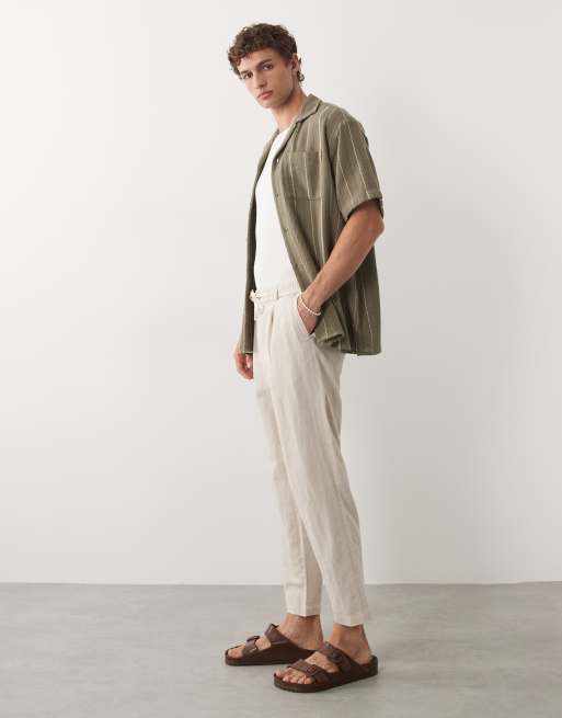 Mango linen mix relaxed fit elasticated draw string waist trousers in ecru , 3 of 9