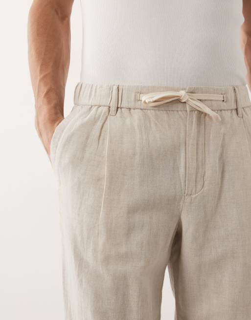 Mango linen mix relaxed fit elasticated draw string waist trousers in ecru , 5 of 9