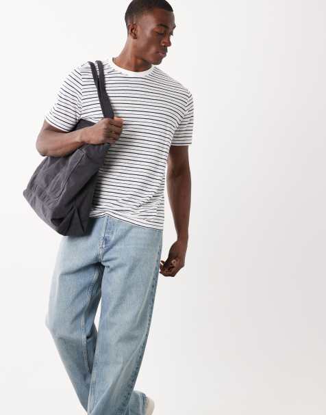 Mango linen mix relaxed fit striped t-shirt in white - view 1